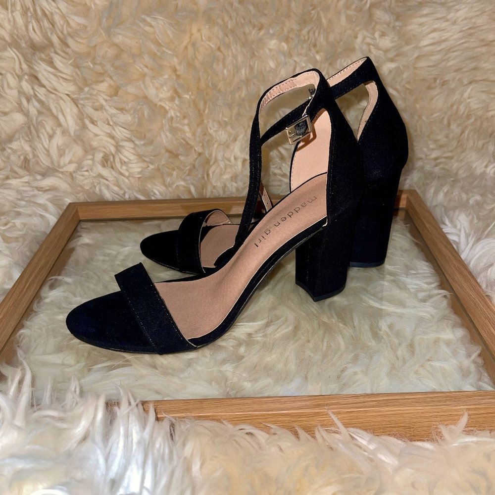 Madden Girl Women's Beella Heeled Sandal, Black Fabric, 7.5 Size